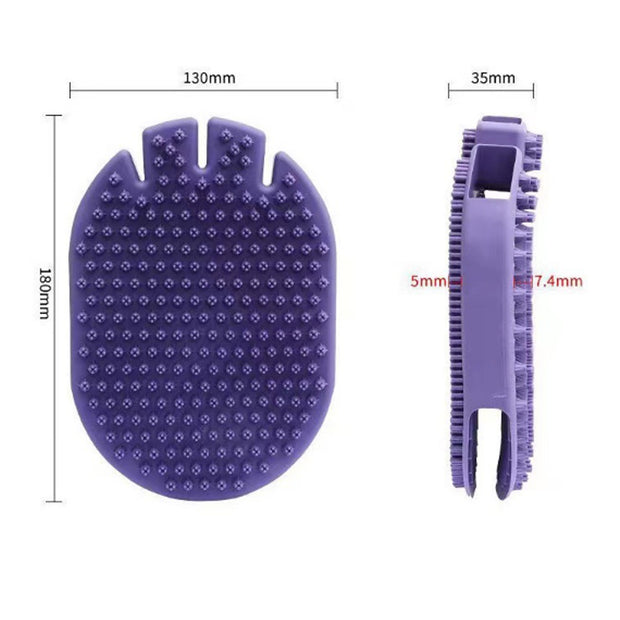 Purple silicone massaging pet brush dimensions, featuring soft bristles for gentle grooming and bathing experience.