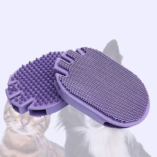 Massaging pet shampoo brush in purple color, featuring soft bristles for comfortable pet grooming and bathing.