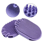 Purple massaging pet shampoo brush with soft bristles for grooming and bathing pets comfortably.