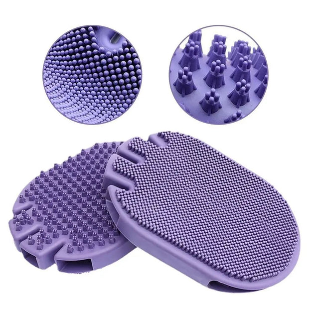 Purple massaging pet shampoo brush with soft bristles for grooming and bathing pets comfortably.