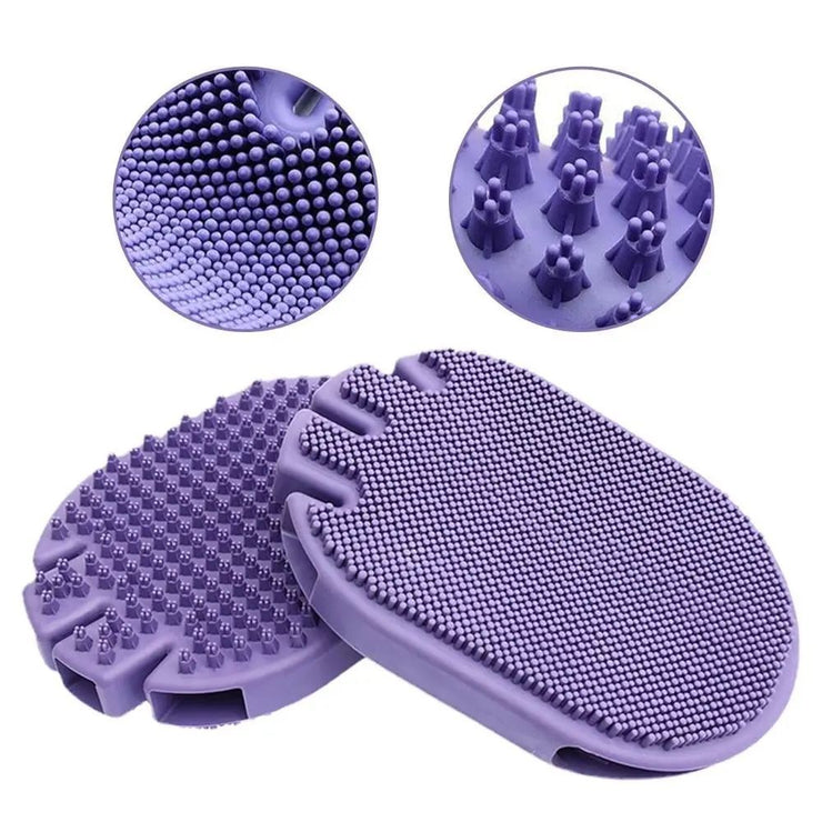 Purple massaging pet shampoo brush with soft bristles for grooming and bathing pets comfortably.