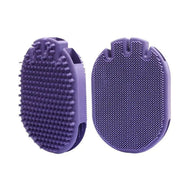Massaging pet shampoo brush with soft bristles, ergonomic ergonomic design in purple color, suitable for grooming pets.