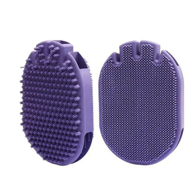 Massaging pet shampoo brush with soft bristles, ergonomic ergonomic design in purple color, suitable for grooming pets.