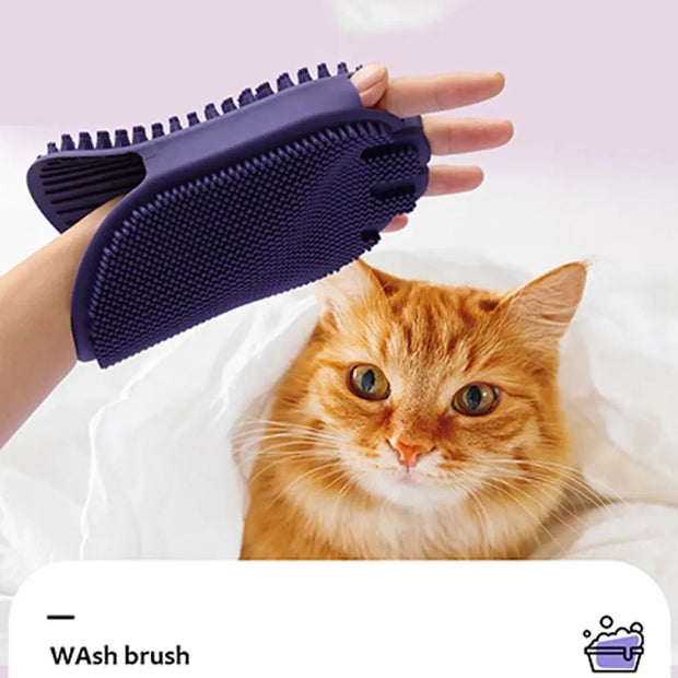 Soft bristle pet grooming brush in hand, showcasing ergonomic design and gentle massage for cats.